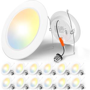 Amico Recessed Lighting 5/6 Inch, 12 Pack 5CCT Flat LED Can Lights, 2700K/3000K/4000K/5000K/6000K Selectable,12W Eqv 110W, 1050LM Brightness, Retrofit Installation - ETL & FCC, White