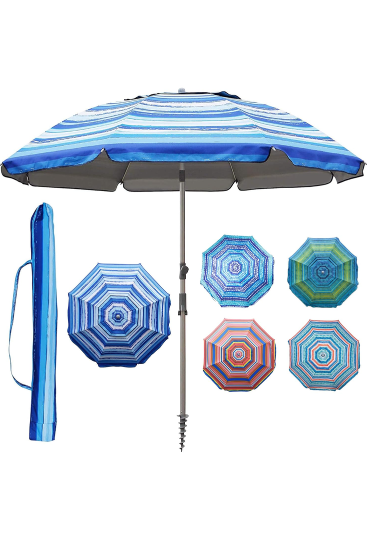 Blissun 7.2' Beach Umbrella with Sand Anchor, Outdoor Portable Beach Umbrella for Sand with Tilt Pole, Carry Bag, Air Vent, Blue and White