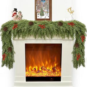 Christmas Cedar Garland for Mantle, Realistic Greenery Garland, Thickness Artificial Pine Garlands for Christmas Mantel Table Outdoor Indoor Xmas Holiday Seasonal Decor(6FT Red Berries, Pine Cones)