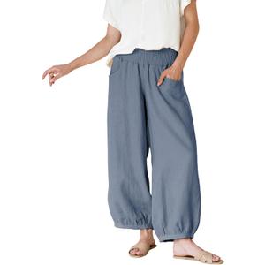 Xiaoxuemeng Womens Wide Leg Pants Cotton Linen Barrel Pants Elastic Waisted Lounge Trousers with Pockets (Blue, XS)
