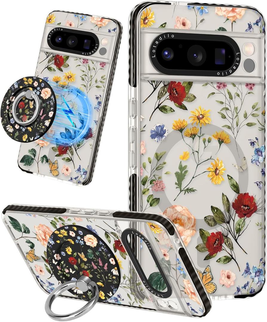 Cute for Google Pixel 8 Pro Case - Compatible with Magsafe Magnetic Ring Holder Stand Kickstand for Women Girls Girly Funny Fashion Pretty TPU Phone Covers Retro Flower Design