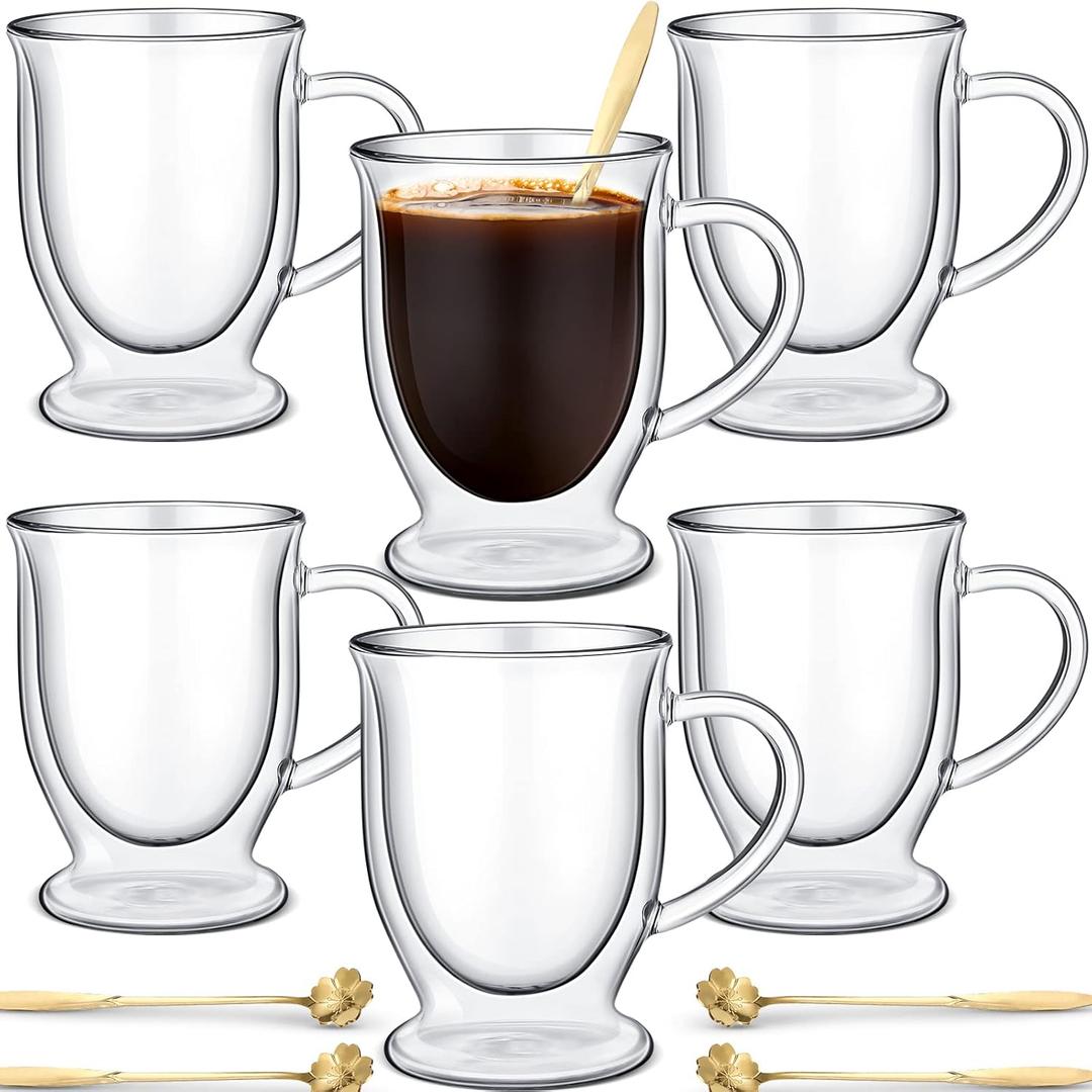 Gejoy 6 Sets Double Wall Glass Coffee Mugs with Spoon Insulated Clear Coffee Mug with Handle Borosilicate Glass Coffee Cups Latte Cup for Cappuccino, Tea, Latte, Espresso, Hot Beverage(16 OZ)