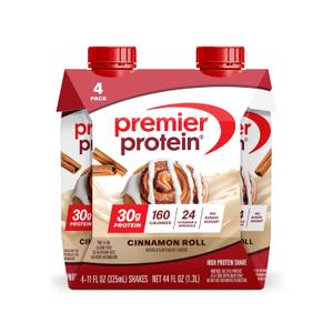 Premier Protein Shake, Cinnamon Roll, 30g Protein, No Added Sugar, 24 Vitamins & Minerals to Support Immune Health, 11 fl oz, 4 Pack (EXP 12/15/26)