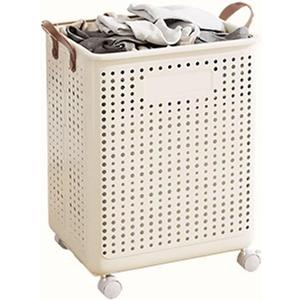 Plastic Laundry Basket with Handle, Sturdy Rolling Hamper for Dirty Clothes, Foldable Laundry Bin for Bedroom/Bathroom/Laundry Room, Spacious Breathable