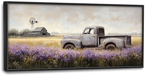 Rustic Truck Wall Art Farmhouse Lavender Barn Pictures Wall Decor Country Large Master Over Above Bed Canvas Prints Horizontal Modern Artwork Painting Home Office Decorations For Bedroom 30"x60"