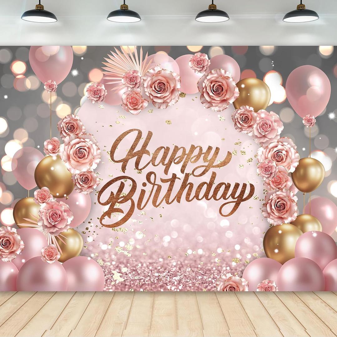 Rose Gold Happy Birthday Backdrop 7Wx5H Photography for Girls Women Pink Floral Flower Balloons Arch Modern Elegant Background Aesthetic Party Decorations Banner Photo Booth Props Supplies