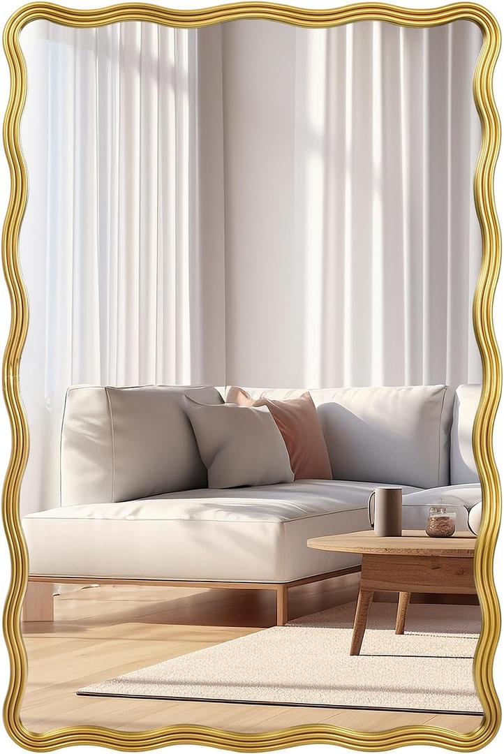 24"x36" Gold Rectangle Wavy Mirror, Irregular Shaped Mirror Large Scalloped Decorative Wall Mirror for Living Room Bathroom Bedroom Entryway (36"L x 24"W, Gold)