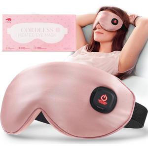 LitBear Heated Eye Mask, Silk Cordless Warm Eye Compress for Dry Eyes, Light Blocking Heat Eye Mask for Women Men, Soft Eye Heating Pad for Dry Eyes, Travel, Rechargeable, Washable Cover (Pink)