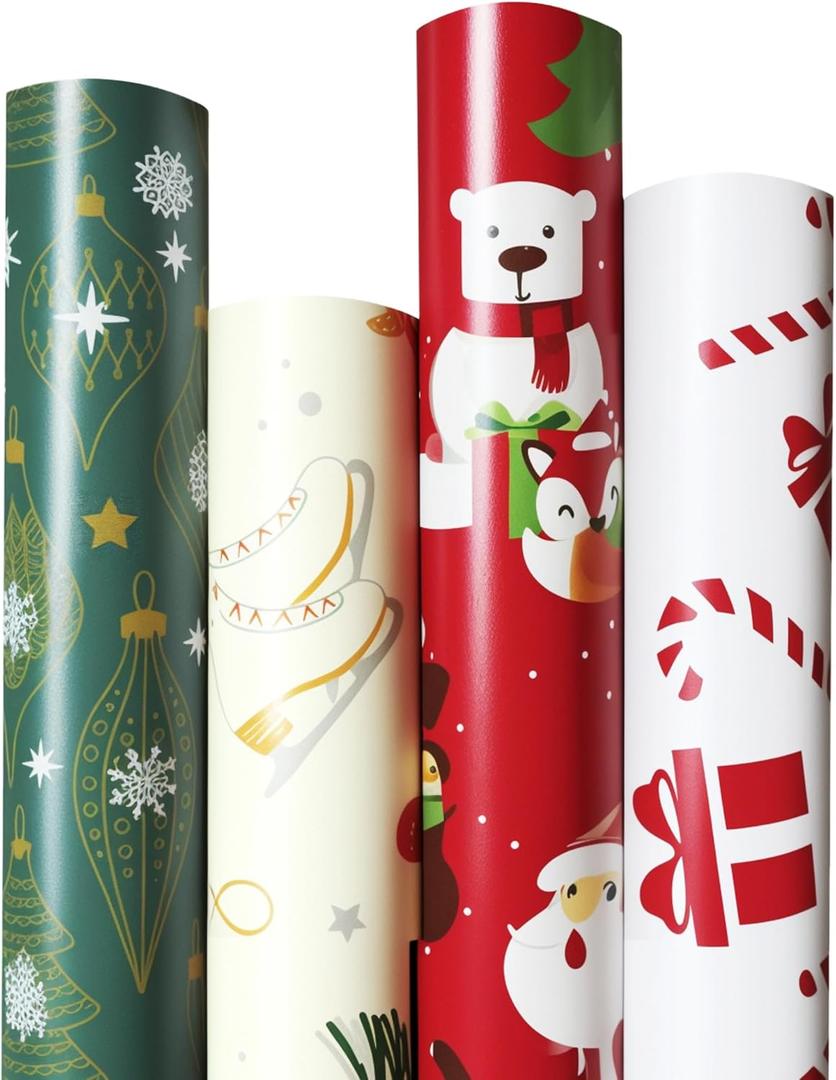 4 Rolls Christmas Wrapping Paper, 17 Inch x 16.5 Feet per Roll, Totaling 94 sq. ft.  Teal Ornaments, Cream Reindeer Mittens & Skates, Red Santa with Trees, White Gifts & Candy Canes  Eco-Friendly Durable Coated Paper Gift Wrap (Colorful)