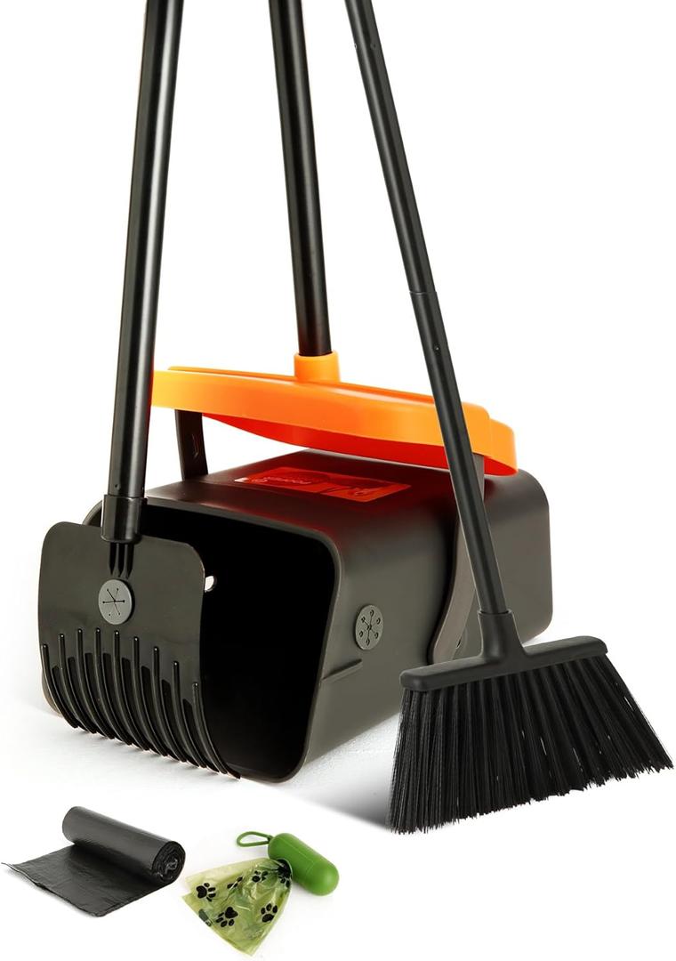 Eyliden Pooper Scooper Broom Set, Include - Dustpan with Lid, Rake, Broom, 35 Waste Bags, 46" Adjustable Long Handle - Yard Lawn Garden Dog Pooper Scooper Leaf Rake, Dust Pan and Broom Combo (Orange)