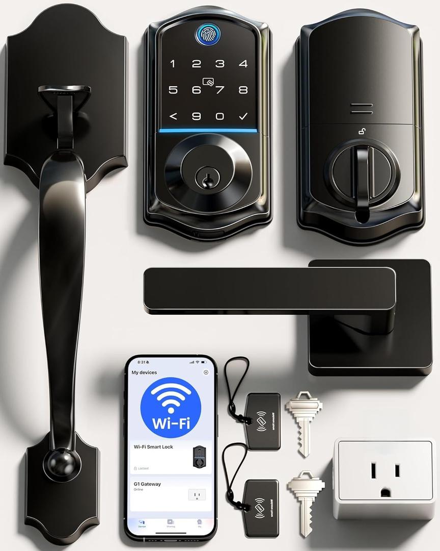 Veise VE017G-H Wi-Fi Smart Fingerprint Front Door Lock Set, Remote App Control, Keyless Entry Deadbolt with Handle, Backlit Keypad, IP55 Weatherproof, Auto Lock, Easy to Install, Matte Black