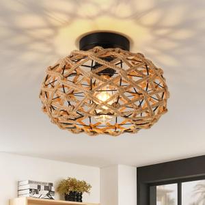 Boho Rattan Ceiling Light Fixtures,Woven Wicker Semi Flush Mount Ceiling,Coastal Boho Rattan Light for Dinging Living Room,Kitchen,Farmhouse,Bedroom,Hallway,Entryway Decor