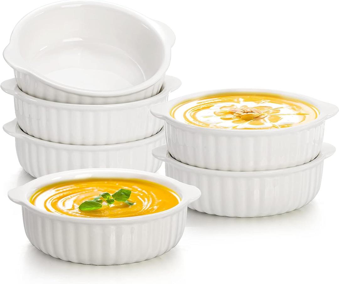 14 oz Porcelain Ramekins Oven Safe, 6 Pack Large Ceramic Creme Brulee Souffle Baking Dishes with Handle, 5 Inch French Onion Soup Bowls for Ramen, Stew, Lava Cakes, Pot Pie, White