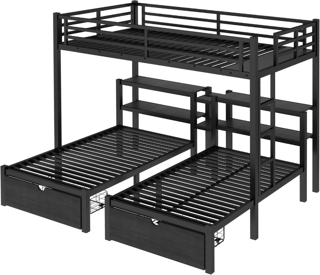 Heavy Duty Triple Bunk Bed with Storage Drawers, Shelves, Triple Bed with Charging Station, Full XL Over Twin Over Twin Triple Bunk for Kids, Teens, Black Triple Bunk Bed