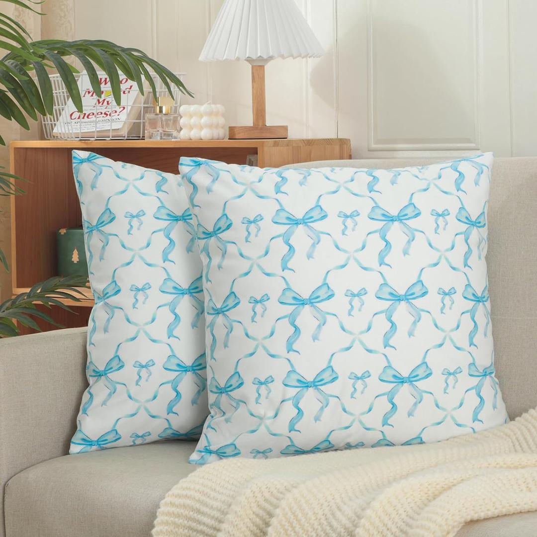 Snycler Blue Bow Pillow Covers 18x18 inch Set of 2 Room Decor Stuff Pillow Cases Cute Plush Bowknot Cushion Covers for Bedroom Couch Sofa