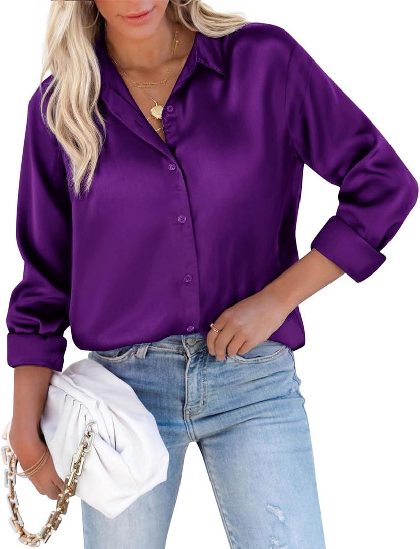 siliteelon Button Down Shirts For Womn Satin Women Blouse Silk Long Sleeve Dress Shirt Business Tops Office Work (Large, Purple)