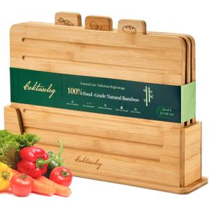 Bamboo Cutting Boards for Kitchen Set of 3, Large 14 x 10 with Holder, Wooden Cutting Board with Juice Groove & Labels for Meat Vegetables Bread