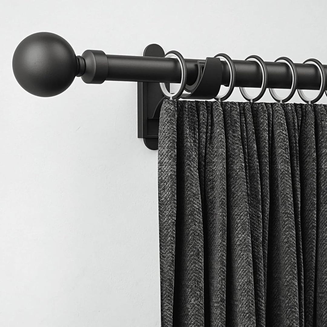 ROTHLEY Black Curtain Rods for Windows 28 to 48 Inch Extendable Curtain Pole 1 Inch Diameter Small Curtain Rod Metal Heavy Duty Drapery Rod With Klick Fit Brackets-Orb Finial (Orb Finial - Matt Black)