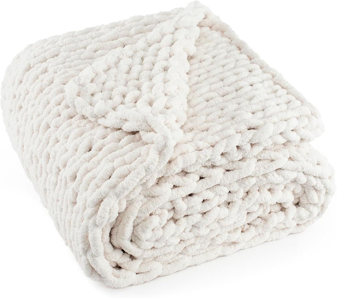Chunky Knit Throw Blanket 50"X 60", 100% Handmade with Soft Chenille Yarn, 4.4lbs Thick Cable Knitted Blankets, Large Rope Knot Crochet Throws for Couch Sofa Bed Home Decor, Cream White