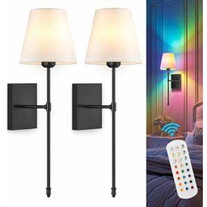 Rechargeable Battery Operated Wall Sconces Set of 2, Black Wireless Fabric Shade Wall Sconce with Remote Control, Dimmable RGB Color Changing Wall Lamp for Bedroom Living Room Hallway, 20.47" Tall