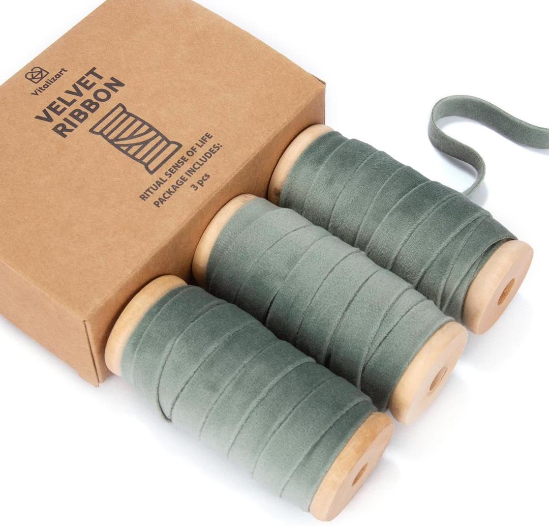 6 x Vitalizart Dusty Green Velvet Ribbon Set 3/8" x 15 Yd Wooden Spool Fabric Trim 3 Rolls * 5 Yd for Christmas Wreath Decoration Handmade Craft Ornaments Gift Wrapping & Bow Making
