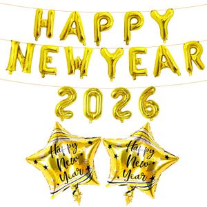 Gold Happy New Year 2026 Balloons - 18 Inch Gold Star New Years Balloons | Happy New Years Decorations 2026 | New Years Eve Party Supplies 2026, NYE Decorations | 2026 Balloon Numbers