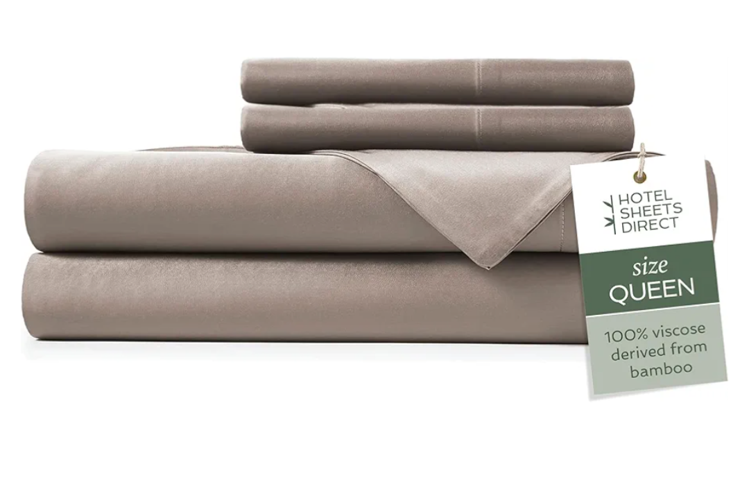 Hotel Sheets Direct 4 Piece Bed Sheet Set Queen Size, 100% Viscose Derived from Bamboo Sheets Set with 2 Pillowcases, Cooling & Breathable Luxury Bedding, MoistureWicking & Silky Soft Texture, Sand