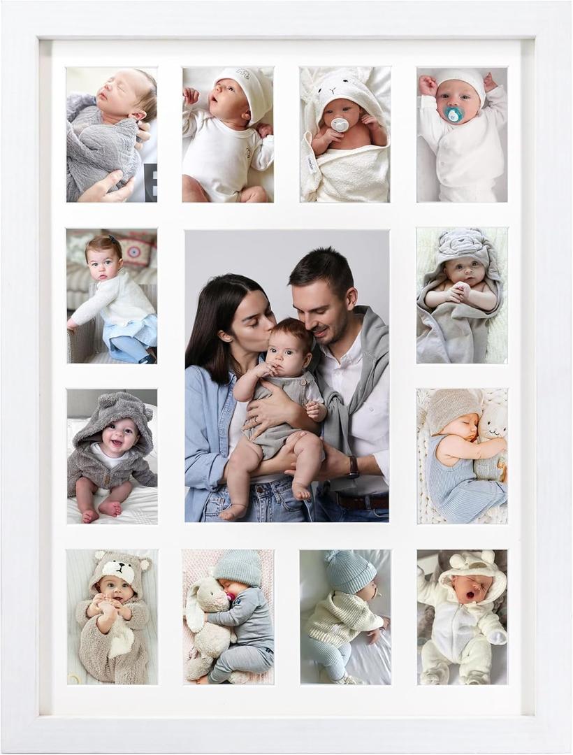 12 month photo frame, my first year photo board,K-12 Collage Photo Frame for Baby First Year Keepsake, 12x16 Multi Picture Frame-13 Opening, Great for Children's Photos, Portrait (White Frame with White Mat)