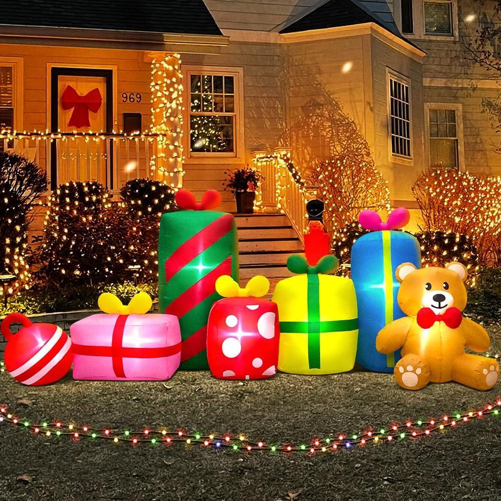 KOOY 10FT Giant Christmas Inflatables Outdoor Decorations Gift Boxes and Bear,Blow up Yard Decorations with LED Light for Xmas New Year Decor Inflatable for Holiday Party Garden Lawn Winter Dcor