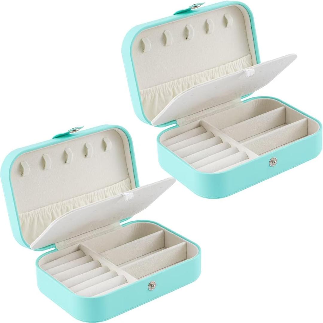 Travel Jewelry Box, PU Leather Small Jewelry Organizer for Women Girls, Double Layer Portable Mini Travel Case Display Storage Holder Boxes for Stud Earrings, Rings, Necklaces, Bracelets (Green 2pcs)