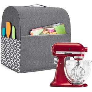 Yarwo Stand Mixer Cover Compatible with 4.5 qt and All 5 qt KitchenAid Mixer, Protective Dust Cover with Top Handle and Pockets for Accessories, Gray with Grid