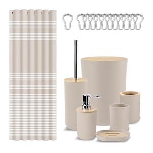 Britimes Bathroom Accessories Sets, Boho Shower Curtain Set with Trash Can, Soap Dispenser, Toilet Brush Holder, Toothbrush Holder and Toothbrush Cup for Bathroom Decor (Beige)