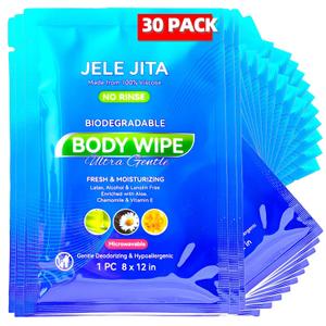 Extra Large & Thick Body Wipes (8"x12", 33% Thicker), 30 Individually Wrapped Travel Essentials for Gym, Hiking & Post-surgery - Biodegradable with Aloe, Chamomile & Vitamin E, Unscented