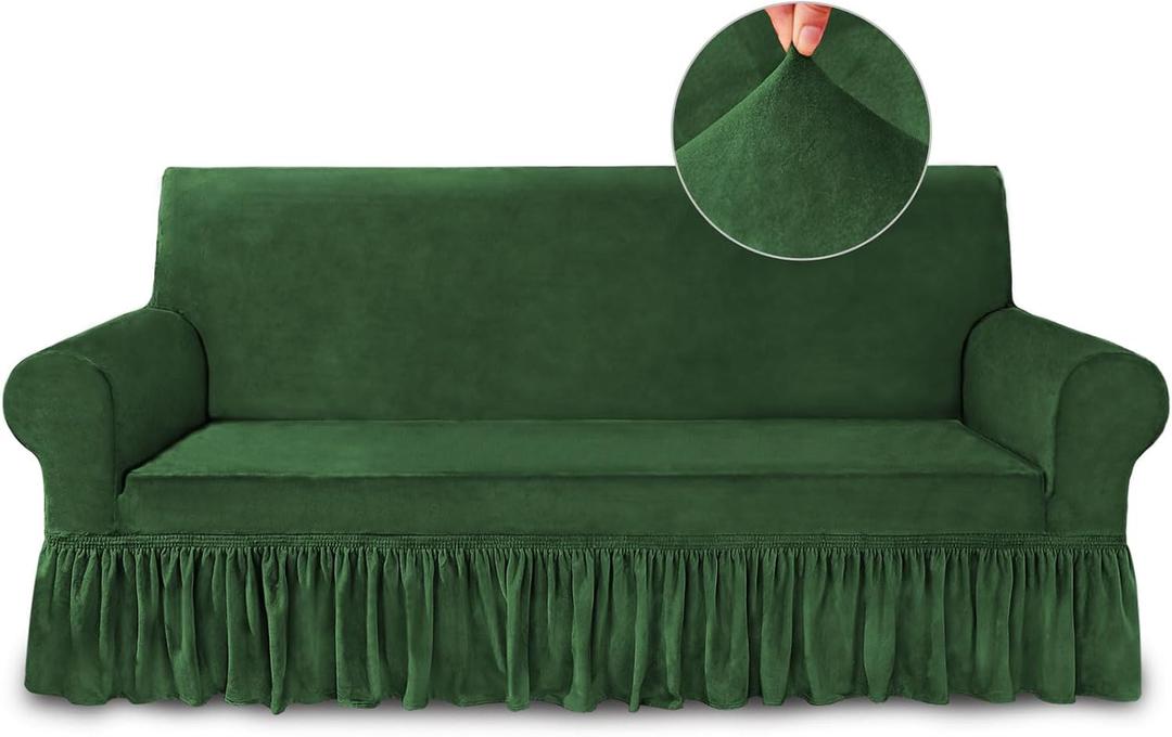 NICEEC Sofa Cover Super Soft 1-Piece Green Sofa Slipcover for Sofas Stretch Universal Spandex Couch Covers for Living Room Easy Fit Washable Furniture Sofa Protector with Skirt (Large)