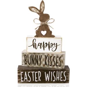 DIYDEC 4Pcs Easter Tabletop Decorations Bunny Wooden Block Signs Gift Rustic Tiered Tray Decor Happy Easter Centerpiece Farmhouse Wood Rabbit Table Sign for Kitchen Home Office Party Decor