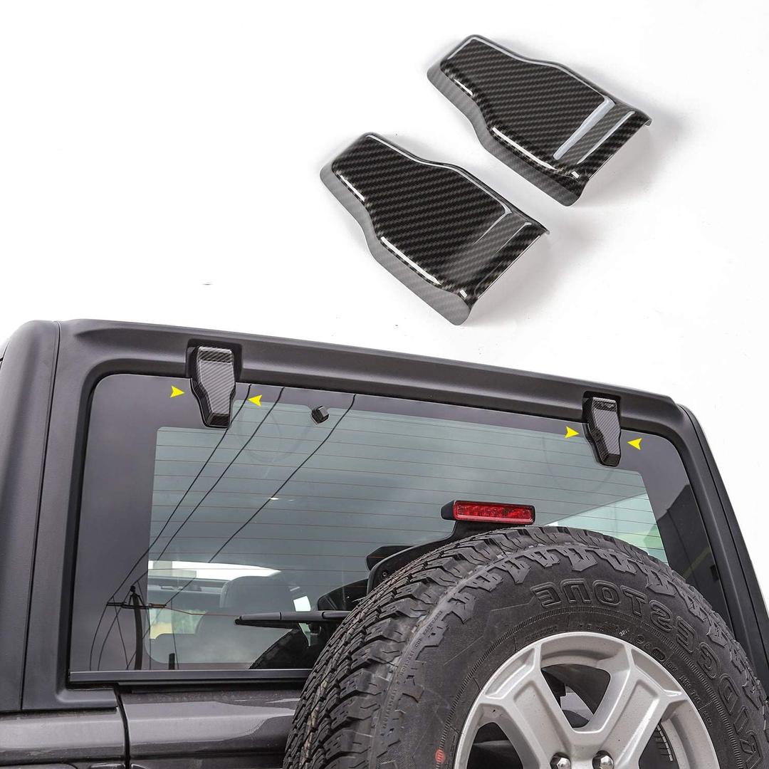 Rear Window Liftgate Glass Hinge Cover for Jeep Wrangler JL & Unlimited 2018-2024 (Carbon Fiber Texture) Rear Window Liftgate Glass Hinge Cover for Jeep Wrangler JL & Unlimited 2018-2024 (Carbon Fiber Texture)