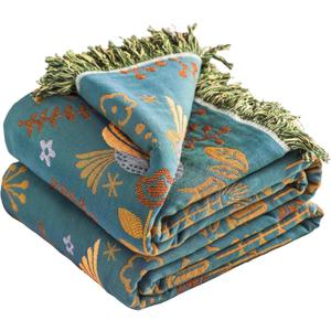 Boho Large Throw Blanket, 100% Organic Cotton Breathable Soft Bed Throw - Floral Bird Farmhouse Decor Blanket for Sofa Couch Chair Quilt and Gift. (Flower-bird B, 91" x 98")