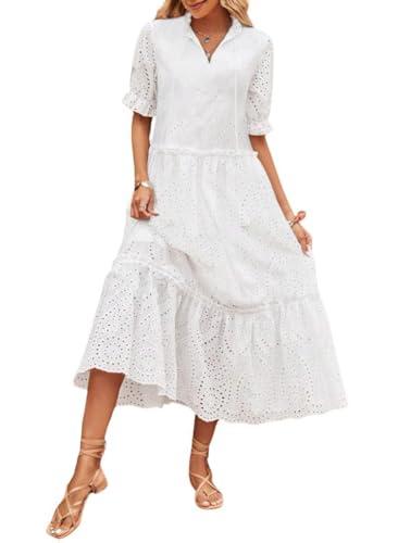 chouyatou Women's Summer Boho Embroidery Eyelet Dress V-Neck Collared Tiered Midi Tunic Dress (Large, White)