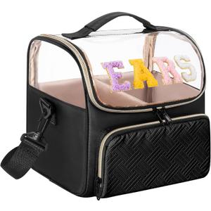 Mouse Ears Travel Case with Detachable Divider, Headband Holder Organizer Bag with Shoulder Strap, Chenille Letter Hair Accessories Storage Box, Black with Gold Zipper