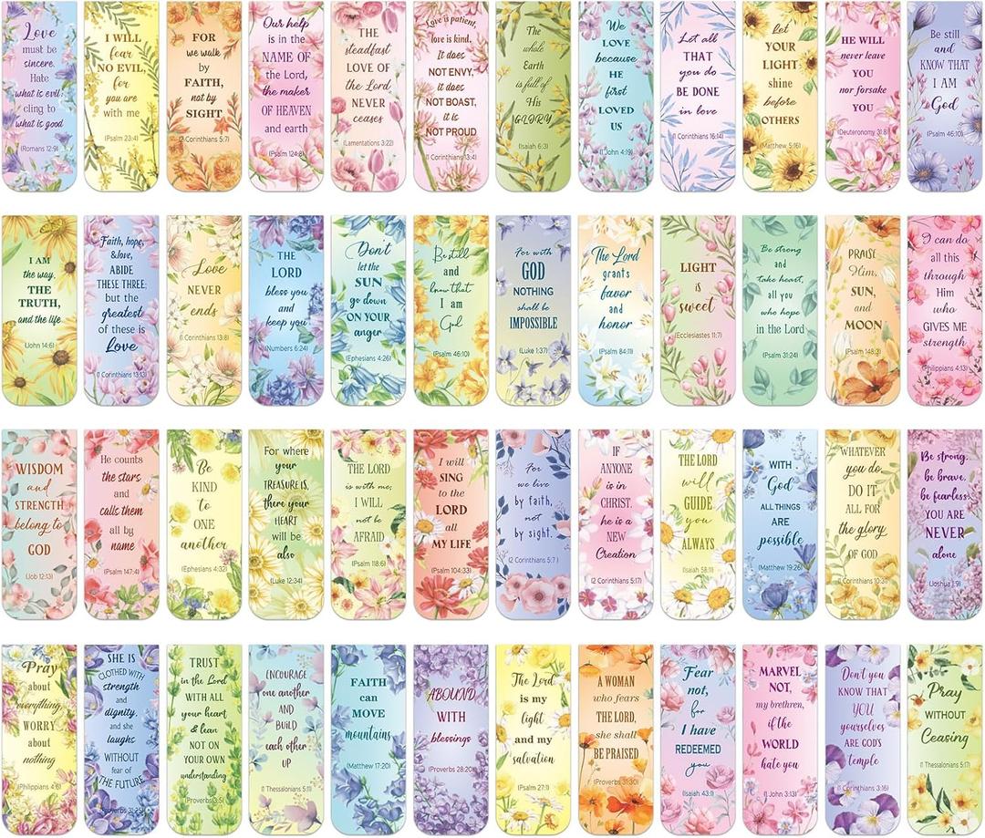 Zonon 48 Pcs Bible Verse Magnetic Bookmarks, Inspirational Scripture Christian Book Markers Religious Motivational Encouragement Flower Page Clips Presents for School Supplies(Flower Style)