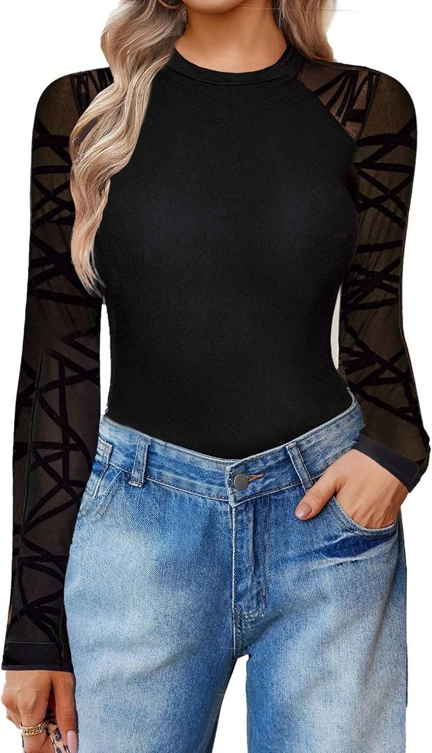 Avidlove Women Long Sleeve Bodysuit Crew Neck Body Suits Mesh One Piece Leotards Shirt Going Out Bodysuit Tops (Medium, Geo Pattern)