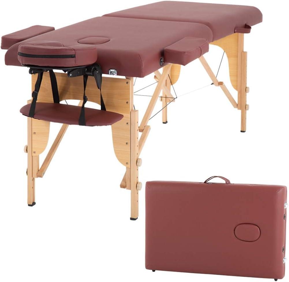 BestMassage Massage Bed Portable Massage Table 24 inch Wide Lash Bed Height Adjustable 2 Folding Spa Table with Non-Woven Bag for Spa Footmassage Facial CareSpa Tattoo (Burgundy)