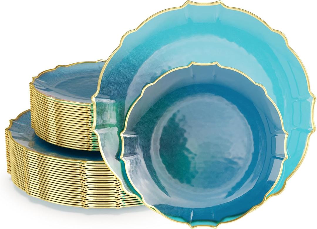 Exquisite Tinted Plates 80-Piece Plastic Disposable Party Set for 40 Guests - 40 X 7.5 Dessert Plates & 40 X 10 Thin Delicate Fancy Dinnerware with Peacock Gold Rim