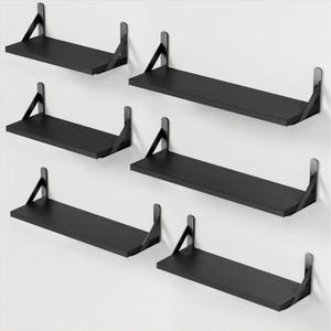 AMADA HOMEFURNISHING Wall Shelves Set of 6, Wood Floating Shelves for Decor, Rustic Farmhouse for Bedroom, Bathroom Storage, Book Shelves for Living Room, Black (Medium)