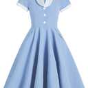 Vintage Dresses for Women's Flat Collar Short Sleeve Fit and Flare 50s 60s Rockabily A-line Swing Midi Tea Party Dress, M