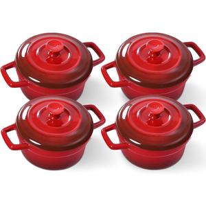Lareina Mini Cocotte - 12oz Ceramic Casserole Dishes - Kitchen Casserole Sets With Handles And Lid - Small Baking Ramekins - Oven, Microwave & Dishwasher Safe - Set of 4 - Red