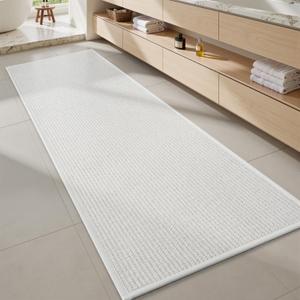 MontVoo Bathroom Runner Rugs,Chenille Absorbent Bath Mat Runner Quick Dry Rubber Backed Bath Runners Non Slip Washable Long Bathroom Rugs,Ultra Thin Bath Rugs Fit Under Door,17"x59",White