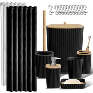 Clara Clark Bathroom Accessories Set - Bathroom Set, Bathroom Accessory Set, Shower Curtain Set, Toilet Brush, Trash Can & Soap Dispenser - Black - 20PC