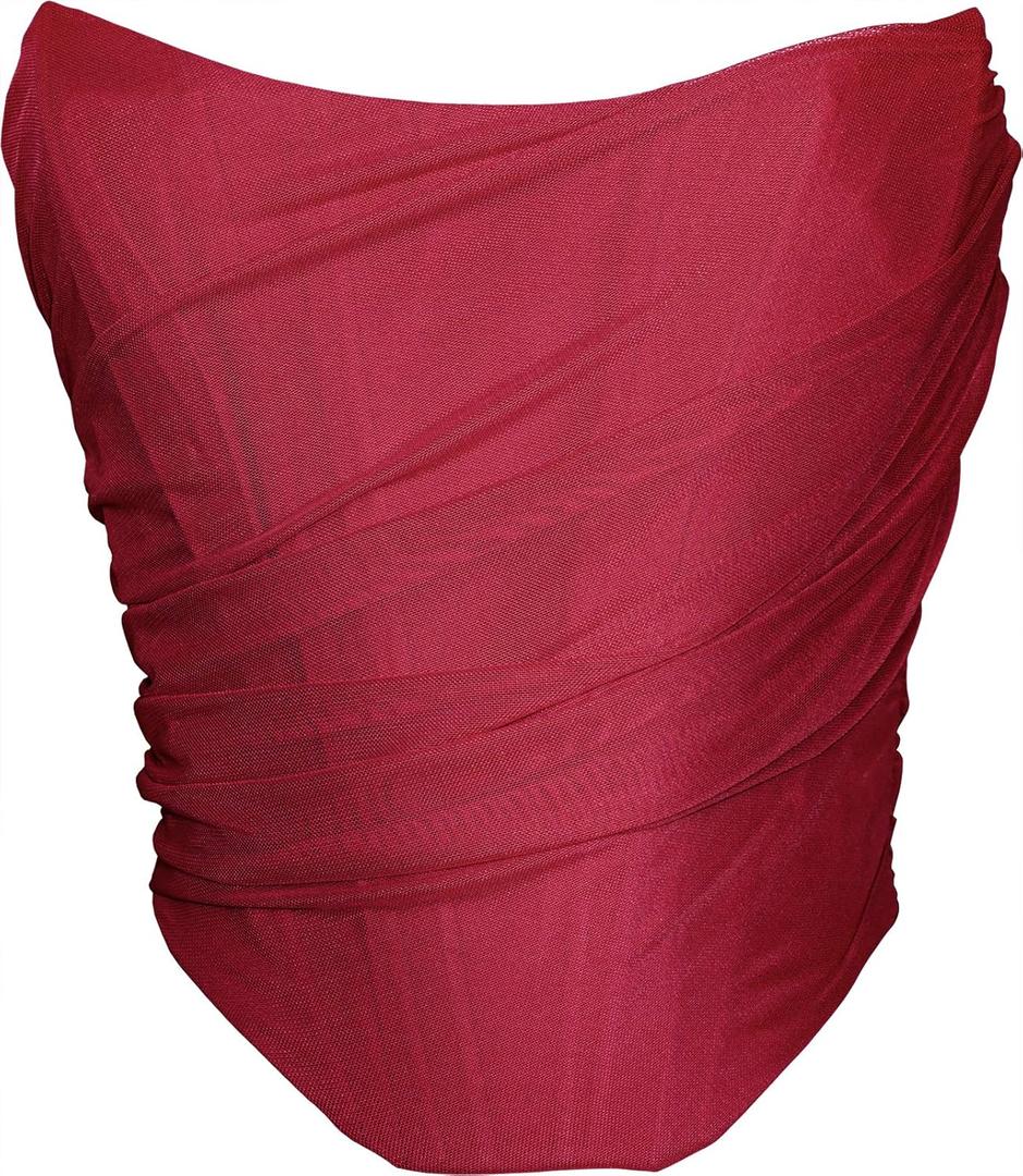 MOALLUOM Mesh Corset Crop Top Bustier Underbust Boned Backless Sleeveless Strapless Off Shoulder Aesthetic Bodyshaper for Women Y2K (Wine Red, 24), S