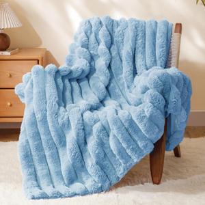 BEDELITE Faux Rabbit Fur Blanket, Luxurious 3D Striped Winter Blanket for Decor & Gift, Soft and Warm Plush Blue Fluffy Faux Fur Throw Blanket All Seasons Suitable, (Light Blue, 50"x 60")